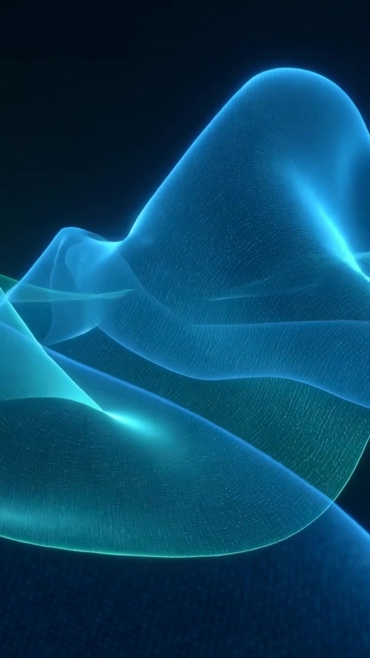 Vertical video: Flowing sheer teal ribbons shifting across navy on play evoking drape