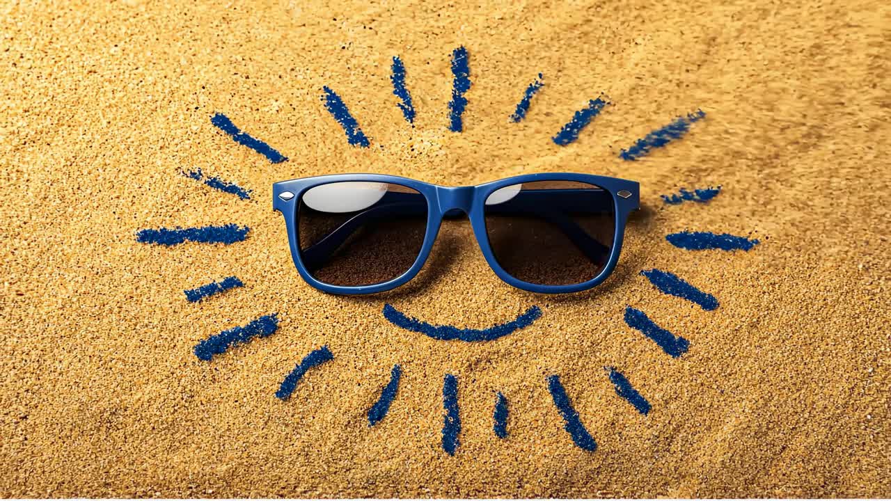 Gafas de sol sobre arena cálida. Las gafas de sol descansan sobre arena dorada con un fondo brillante. La luz del sol crea una escena lúdica en un entorno de playa.