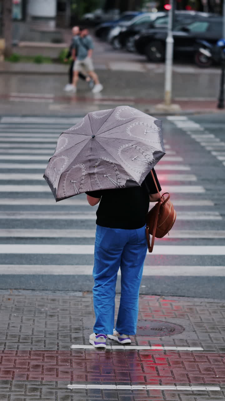 Woman holding an umbrella waiting at a pedestrian crossing on a rainy day in Chisinau, Moldova. Vertical