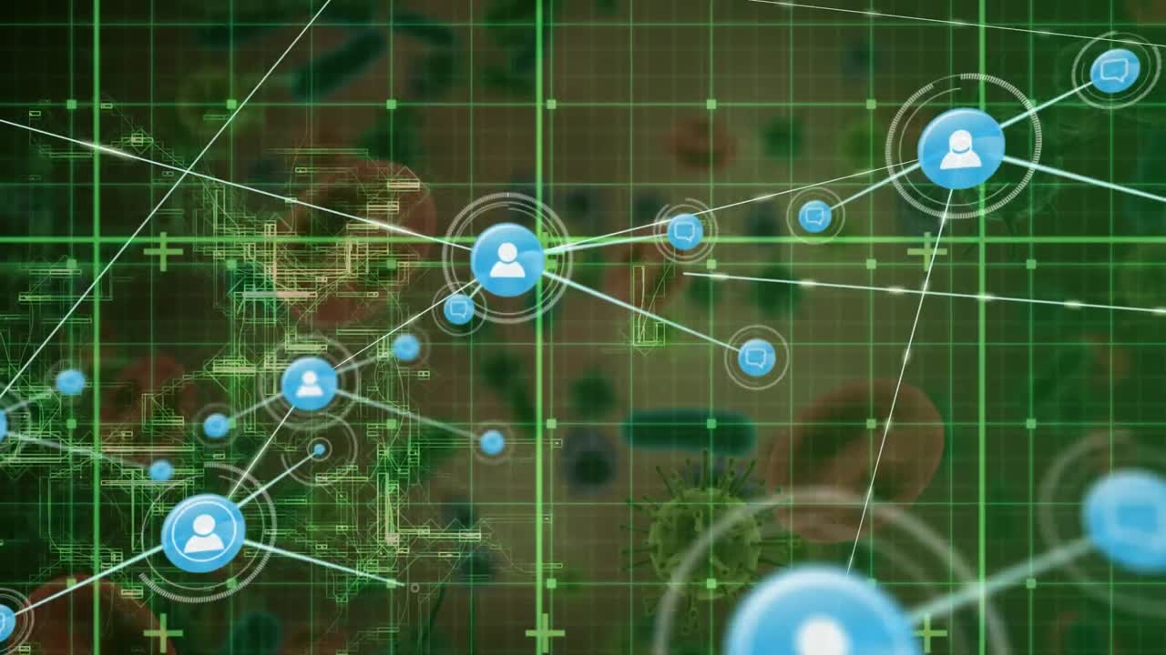 바이러스 세포 위의 미디어 아이콘과 연결 네트워크의 애니메이션