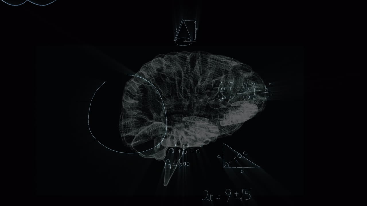 animación de ecuaciones matemáticas sobre un modelo digital del cerebro humano sobre un fondo negro