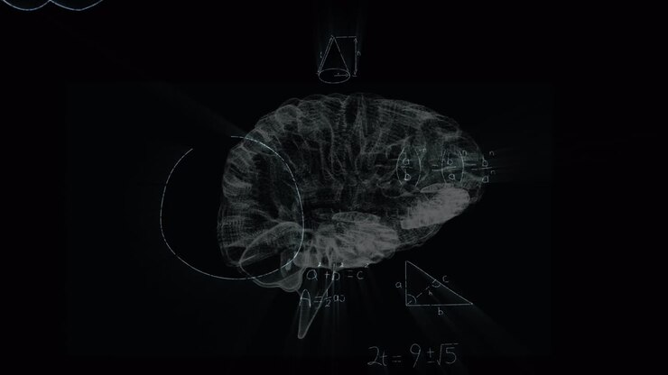 Animation of mathematical equations over digital model of human brain on black background