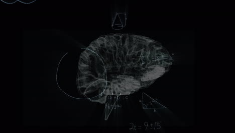 animation of mathematical equations over digital model of human brain on black background