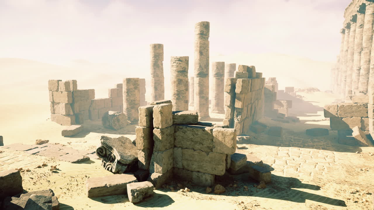 고대 유적들은 광활한 사막 풍경에서 따뜻한 빛 아래 자랑스럽게 서 있습니다.