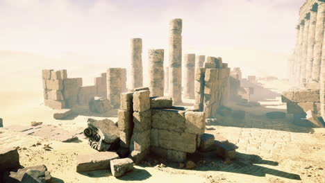ancient ruins stand proudly under a warm sun in a vast desert landscape