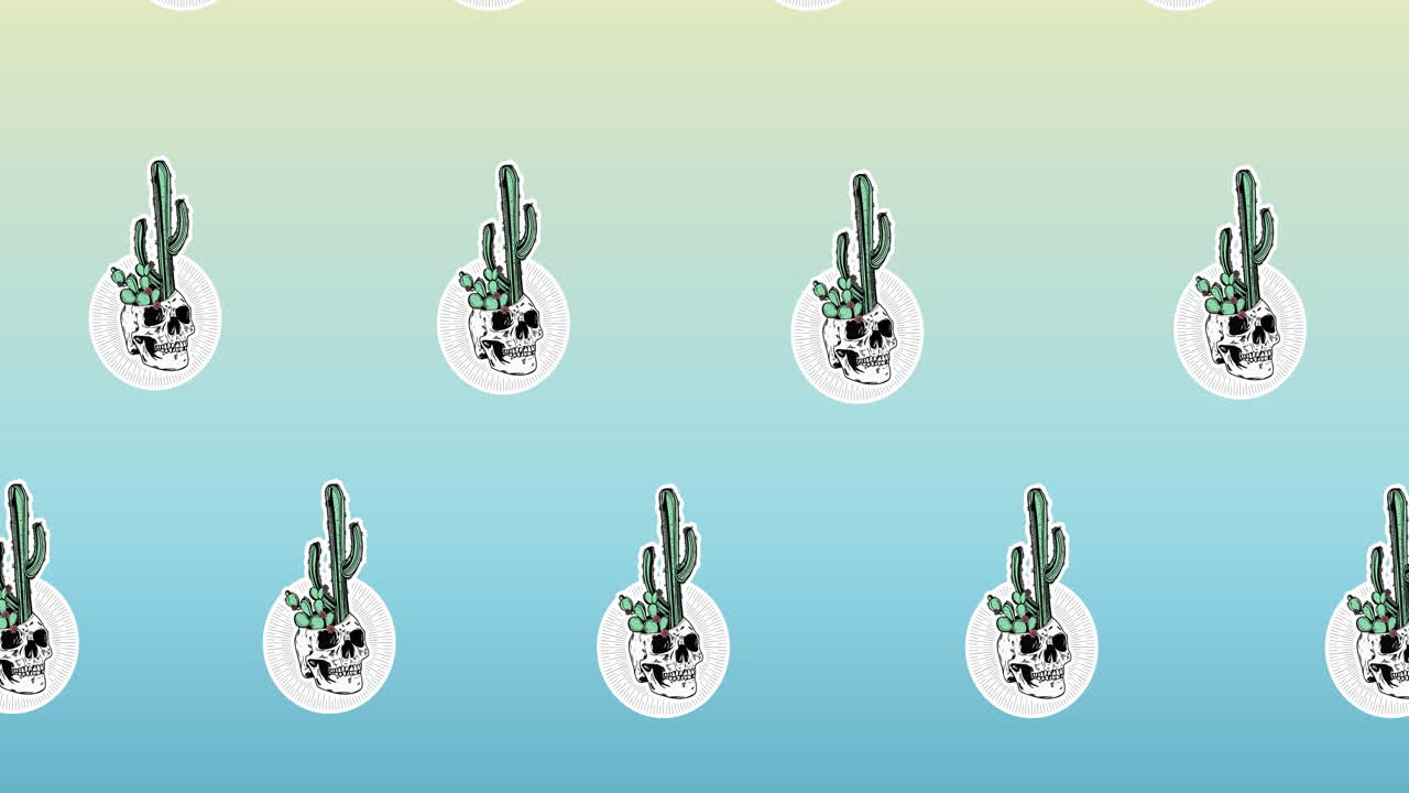 파란색 배경에서 움직이는 두개골과 함께  ⁇ 티의 줄의 구성