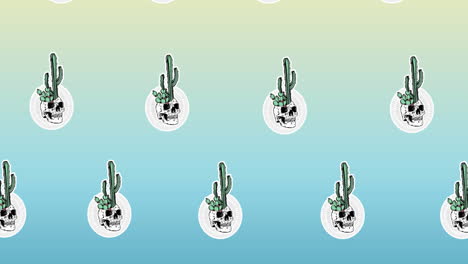 composition of rows of cacti with skulls moving on blue background