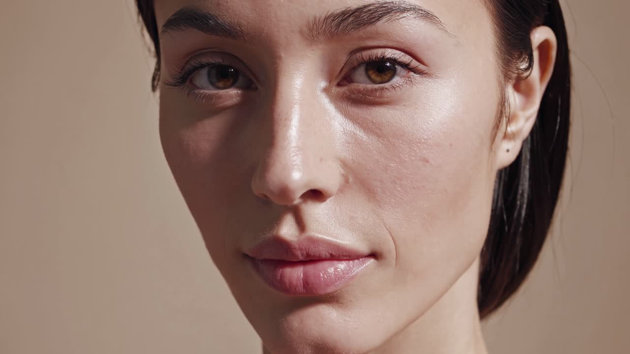 The video features a close-up of a woman's face, highlighting natural beauty and skin texture