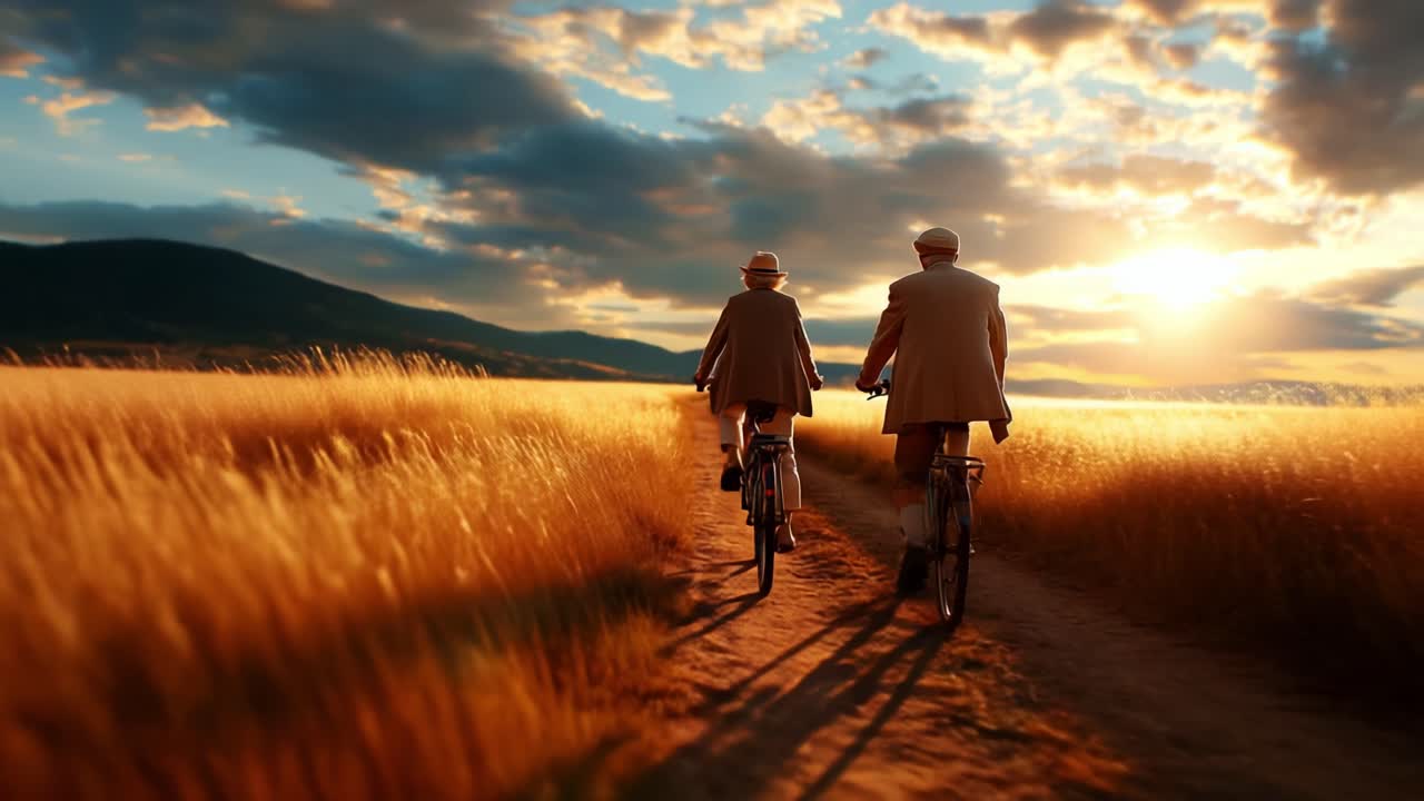 Two individuals pedaling their bicycles through a picturesque golden field at sunset, surrounded by a stunning sky with vibrant colors and fluffy clouds, capturing the essence of tranquility and companionship