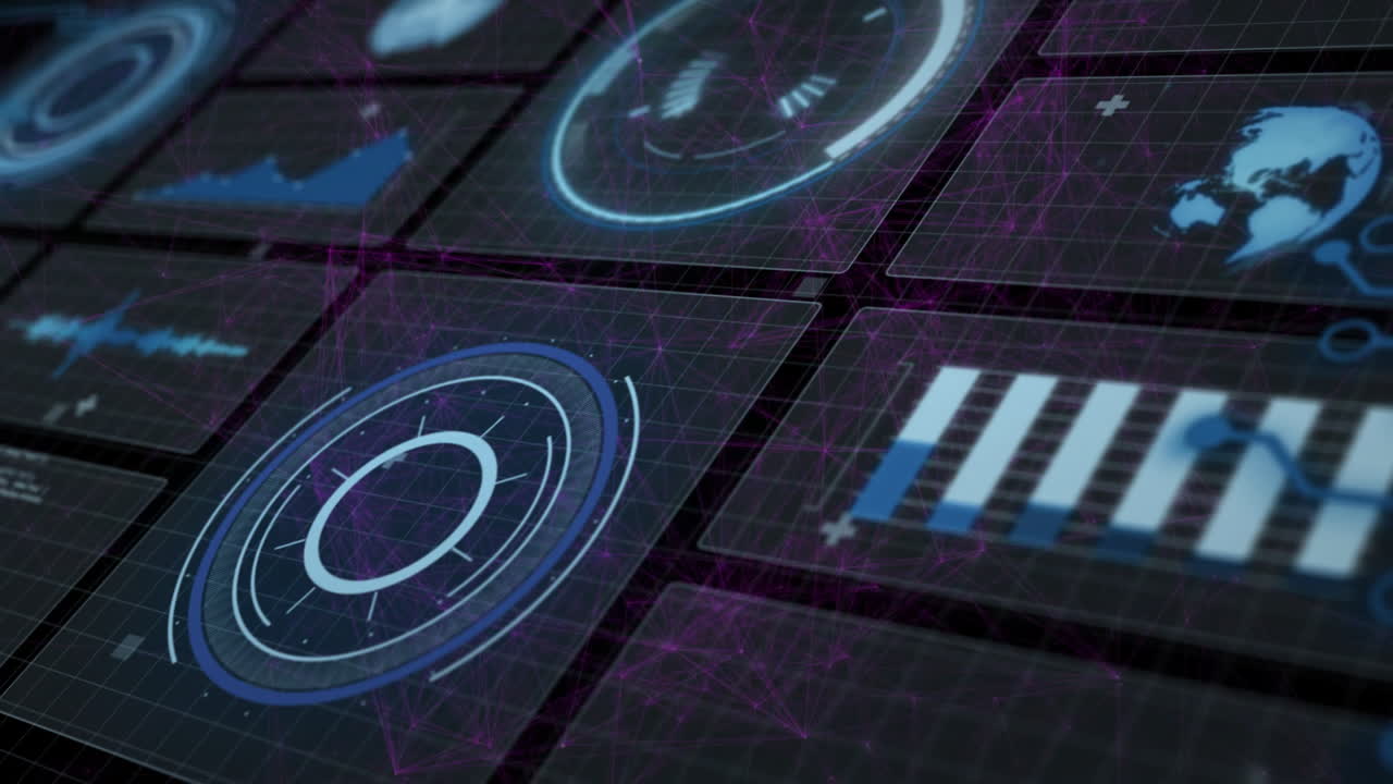 Animation of futuristic digital interface with graphs and charts on dark grid