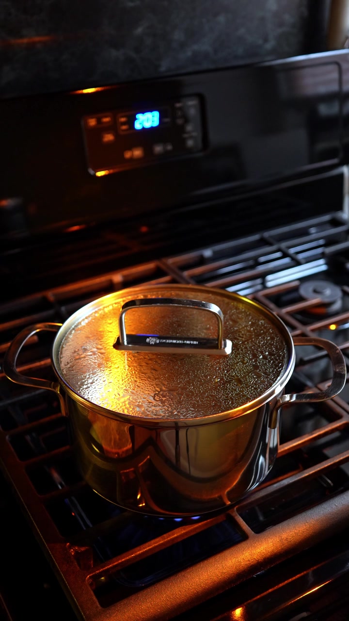 Stainless steel cooking pot with lid on gas stove. Closed metal pot with condensation on glass lid heated by gas flame on kitchen range burner.