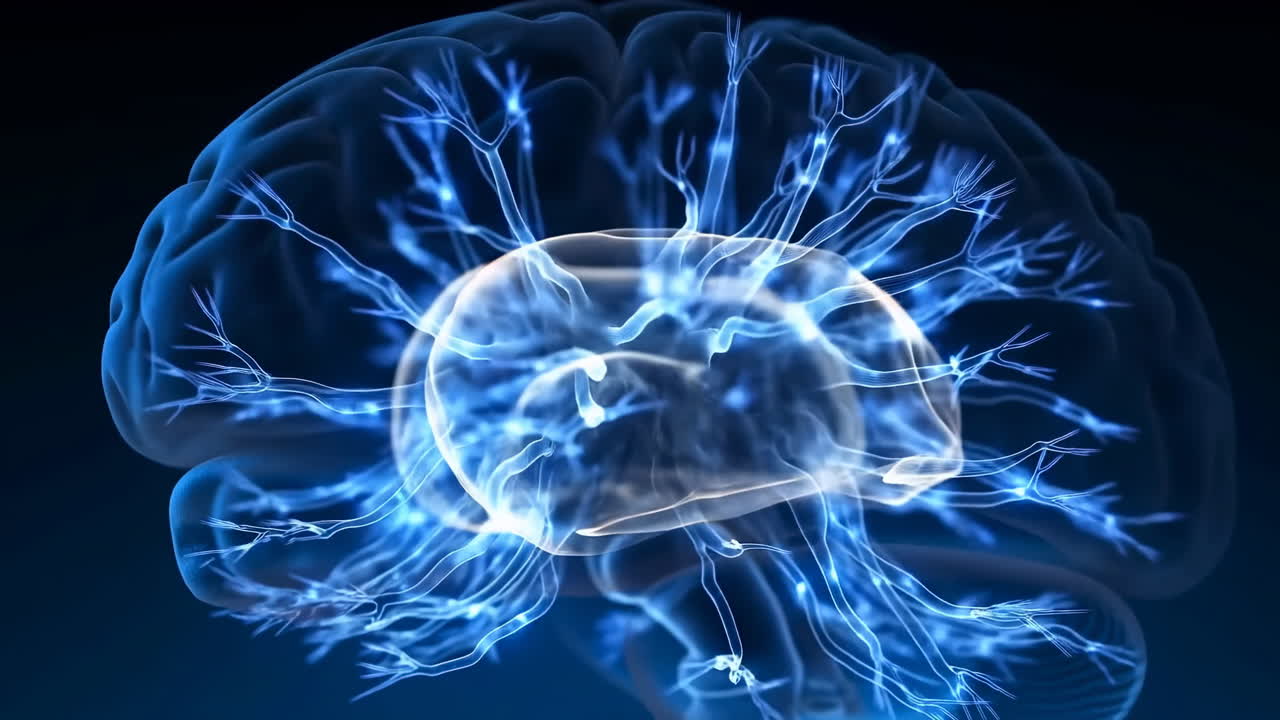 3D-animation af menneskehjerne med glødende neuralt netværk og synapser