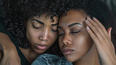 curly haired young women sharing intimate moment, demonstrating deep emotional connection through gentle caressing and embracing with closed eyes, expressing profound tenderness and closeness
