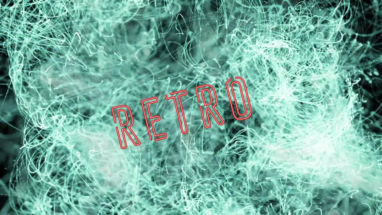 어두운 배경에 반 ⁇ 이는 파란색 불빛 위에 레트로 텍스트의 애니메이션