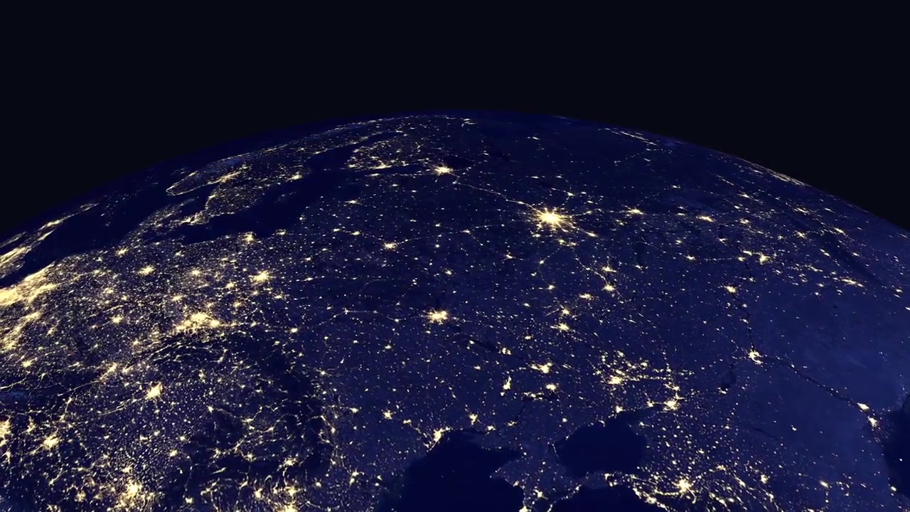 Digital animation zooms from space to a night view of Minsk Belarus with city lights