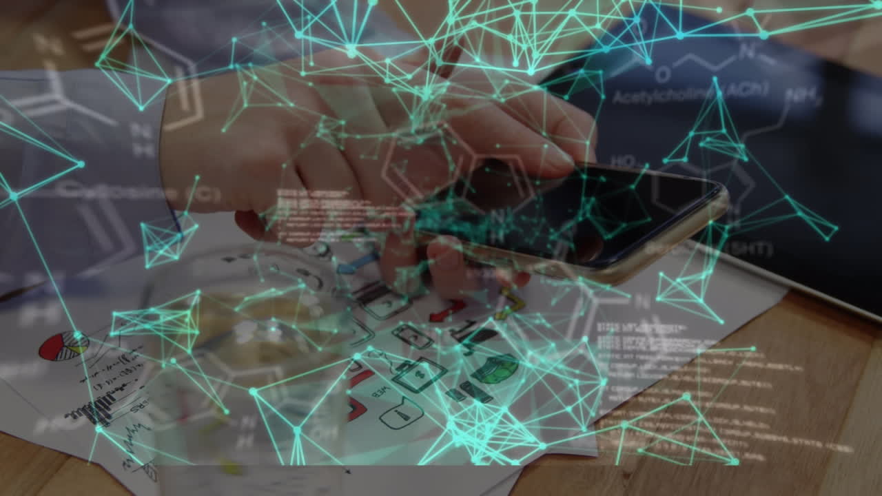 Animation of connections and data processing over businessman using smartphone