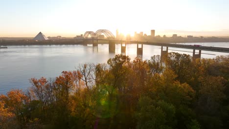 memphis tennessee aerial establishing shot of city skyline at dawn