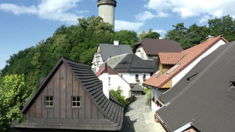 aerial shot of czech village with medieval castle, beautiful destination