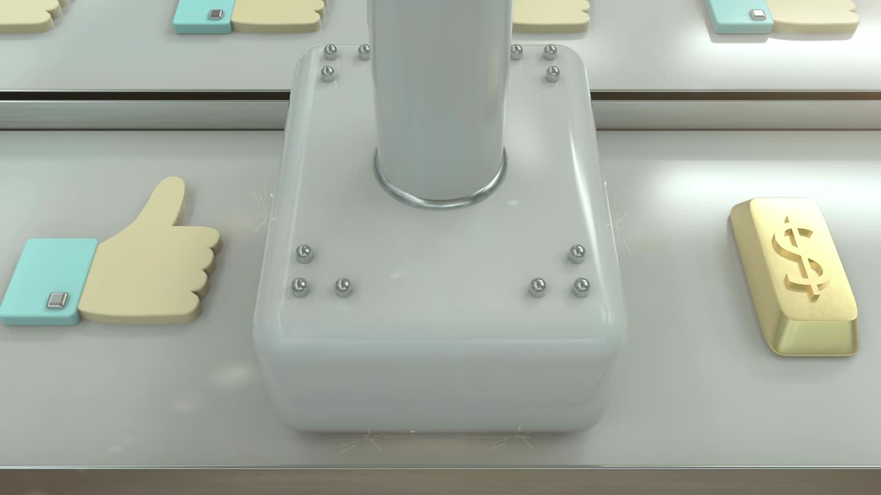 3d looped animation of transformation like icons into a gold bars (money, earnings) 소셜 네트워킹 공장의 컨베이어 테이프의 cgi입니다.