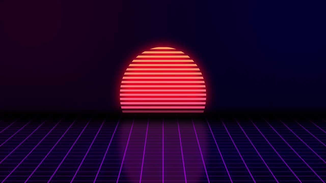 video vhs. el sol se levanta y brilla sobre un fondo púrpura. una sombra cae del sol. la cuadrícula luminosa se mueve. video retro. gráficos de movimiento.