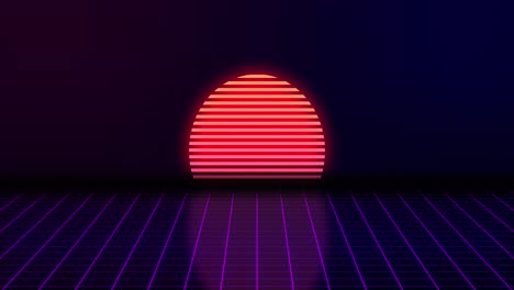 vhs video. the sun rises and glows on a purple background. a shadow falls from the sun. luminous grid moves. retro video. motion graphics.