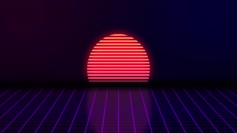 vhs 비디오: 보라색 배경에서 태양이 뜨고 빛납니다. 태양에서 그림자가 떨어집니다. 빛나는 그리드 움직입니다. 레트로 비디오. 모션 그래픽.