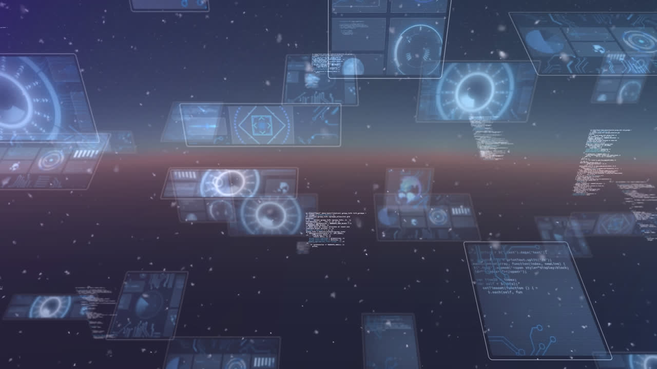 Animation of data processing and shapes moving on black background