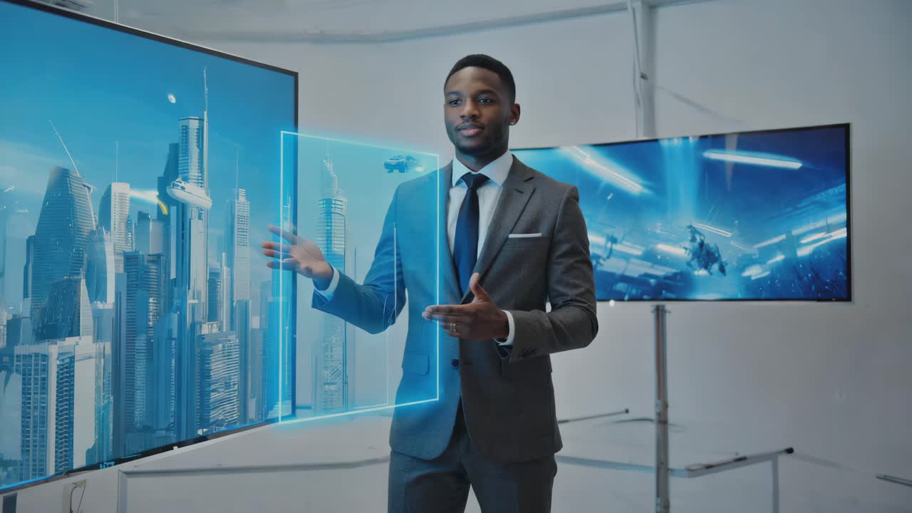 Man presenting futuristic technology in virtual reality