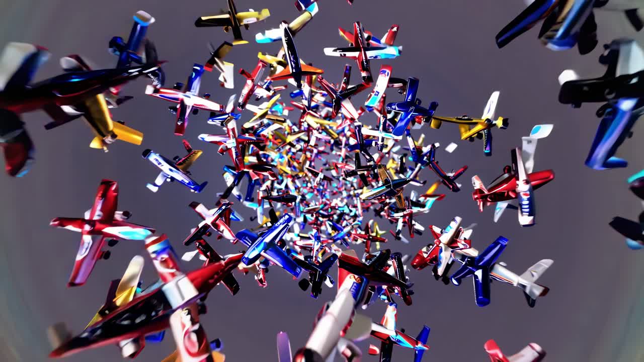 Numerous colorful toy airplanes are dynamically swirling and flying within a vortex, creating a vibrant and playful scene against a gray backdrop