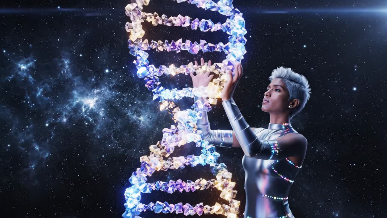 Futuristic Woman Manipulating Crystal DNA in Space