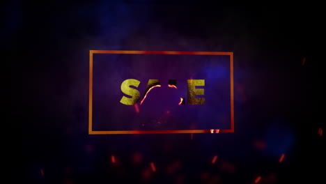 animation of white text sale, in gold frame, with red sparks on black background