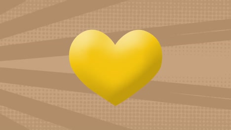 Digital-animation-of-yellow-heart-icon-against-moving-radial-rays-on-brown-background