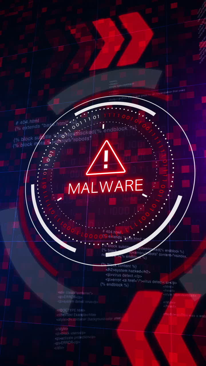 Red MALWARE warning with exclamation mark in circle with numbers. Blue background with text code and lock symbols. Digital cyber security of computer software. Looped animation. Vertical video.