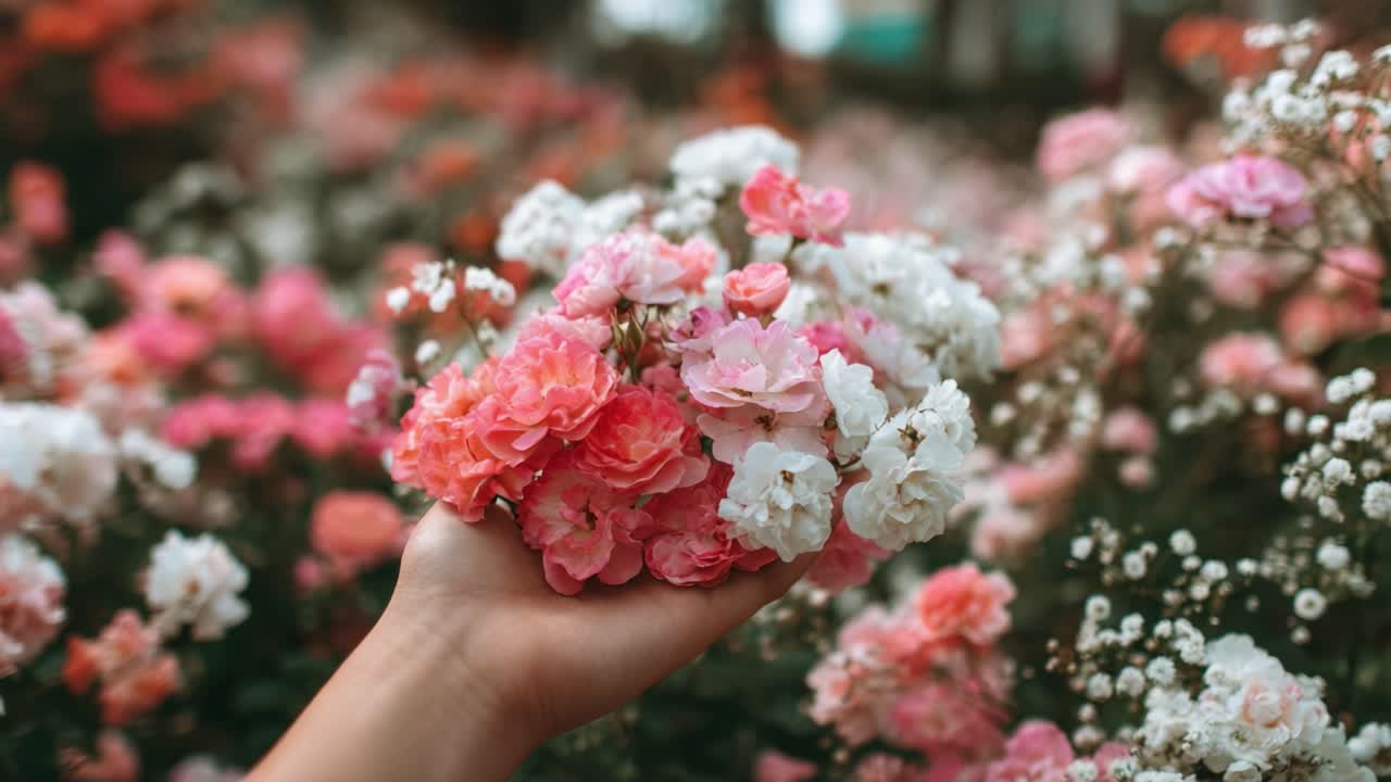 Hand Holding a Vibrant Bouquet of Pink and White Flowers Amidst a Lush Floral Background, Capturing the Beauty of Nature in Full Bloom