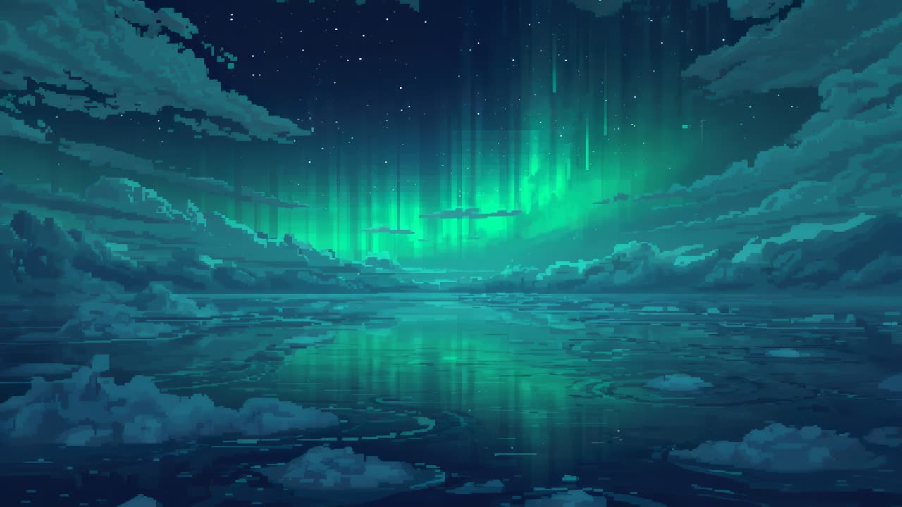 Shimmering aurora borealis pulsing across horizon at night, reflecting on calm sea and ice floes