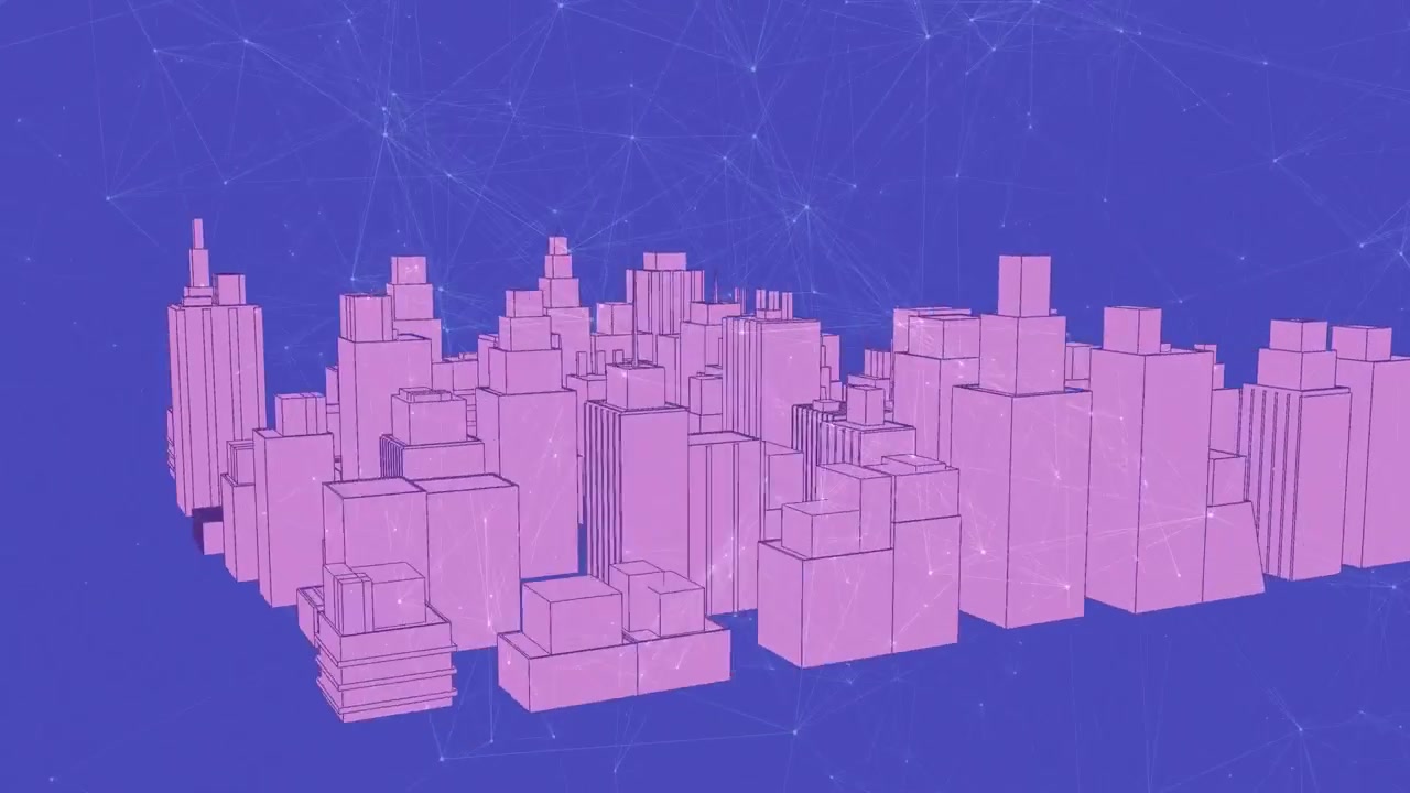Animazione di una rete di connessioni su un paesaggio urbano 3D che ruota su sfondo viola