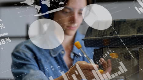 Animation of statistics and data processing over caucasian woman working in factory