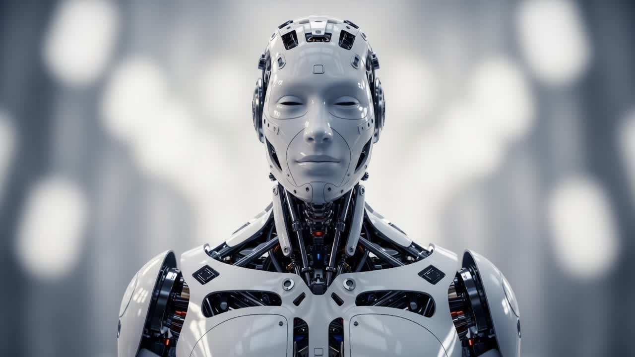 A Futuristic Robot Close-Up: Exploring Advanced Robotics Technology Through Stunning Visuals and Realistic Human-like Features in a Sci-Fi Environment