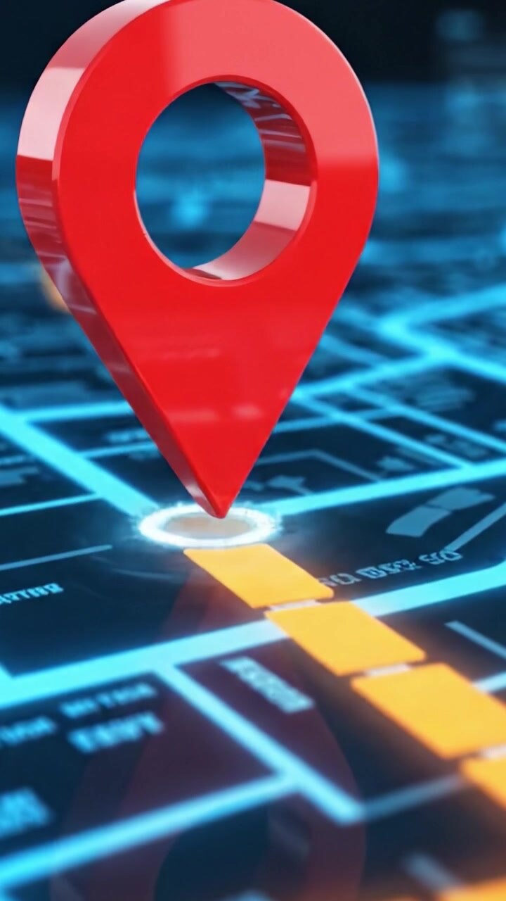 An immersive digital mapping experience showcasing a high-tech interface with glowing navigation lines and a prominent location marker, guiding users in virtual spaces.