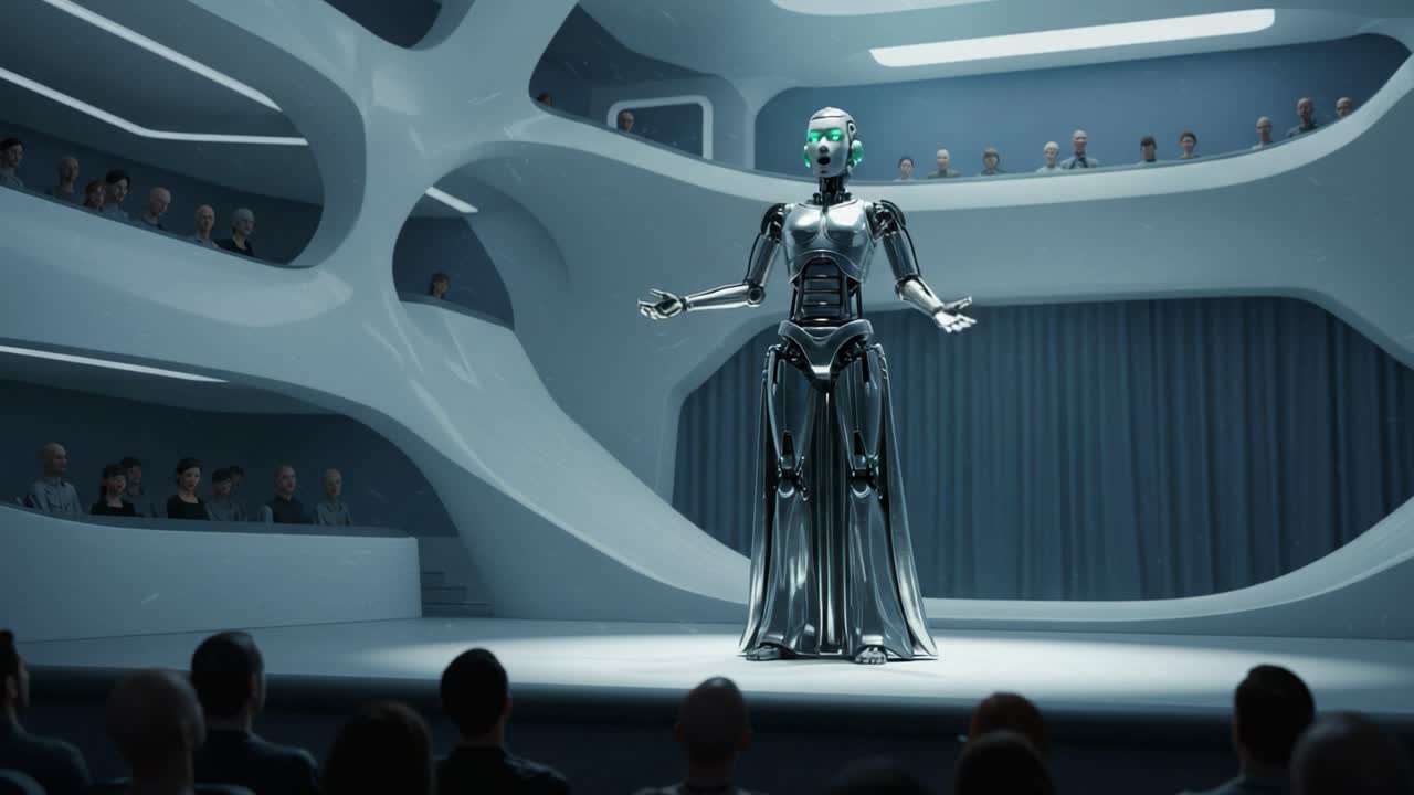 A Futuristic Robotic Speaker Engaging an Audience in a Sleek, Modern Auditorium, Showcasing Advanced Technology in Human-Robot Interaction and Public Speaking