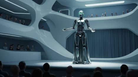 a futuristic robotic speaker engaging an audience in a sleek, modern auditorium, showcasing advanced technology in human-robot interaction and public speaking