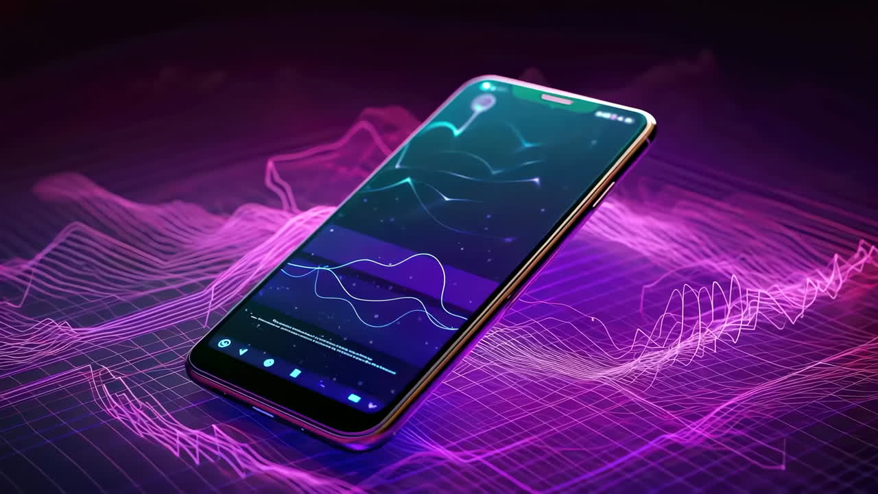Futuristic Smartphone with Abstract Digital Interface on Wavy Background