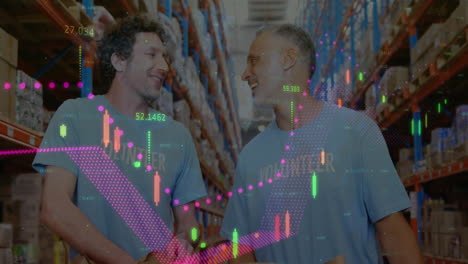 animation of financial data processing over diverse volunteers in warehouse