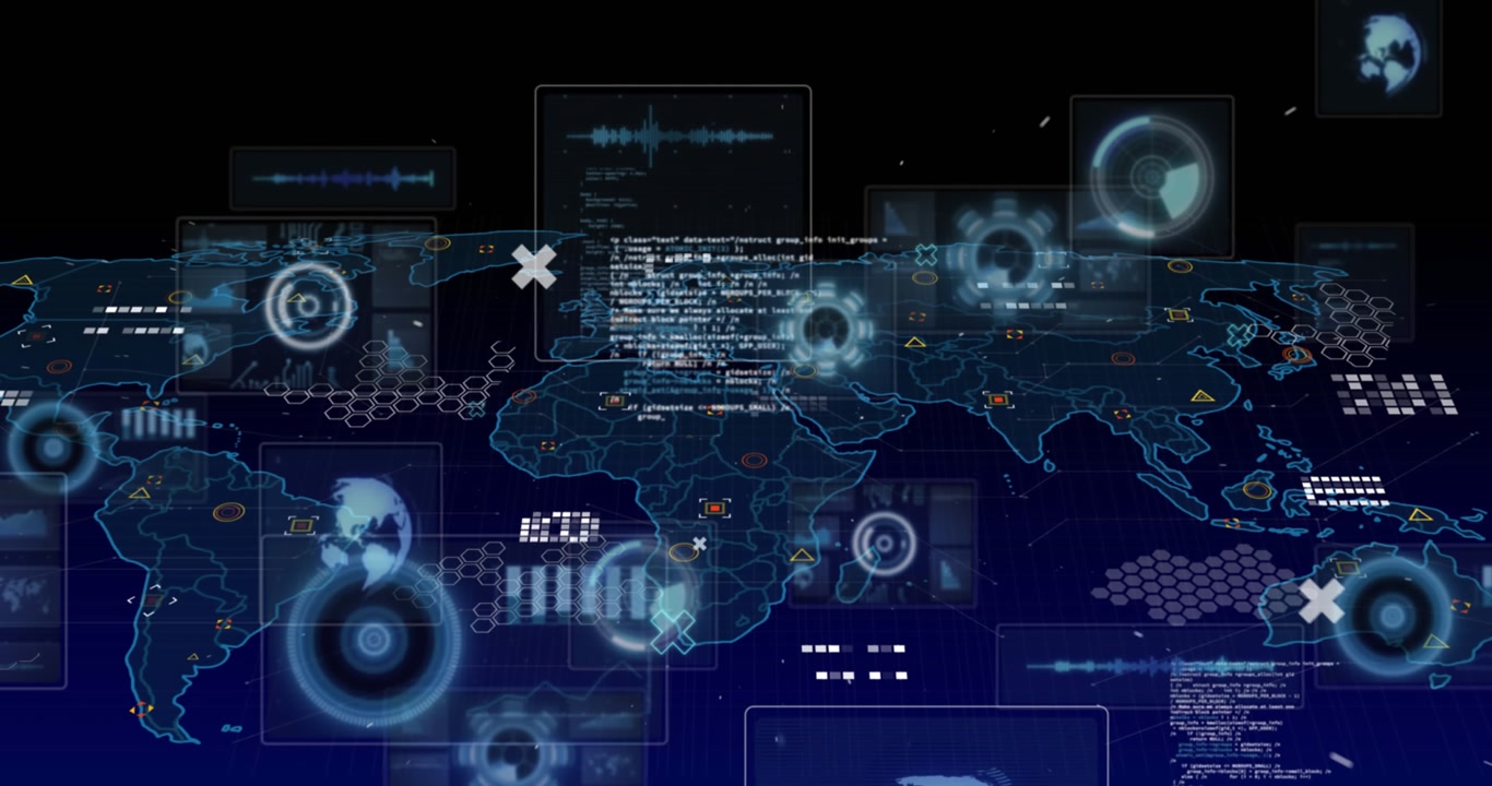 Digital video merges city visuals with radar imagery to depict global connections.