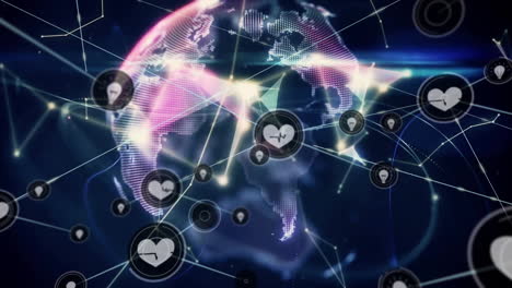 animation of network of connections with icons over globe on black background