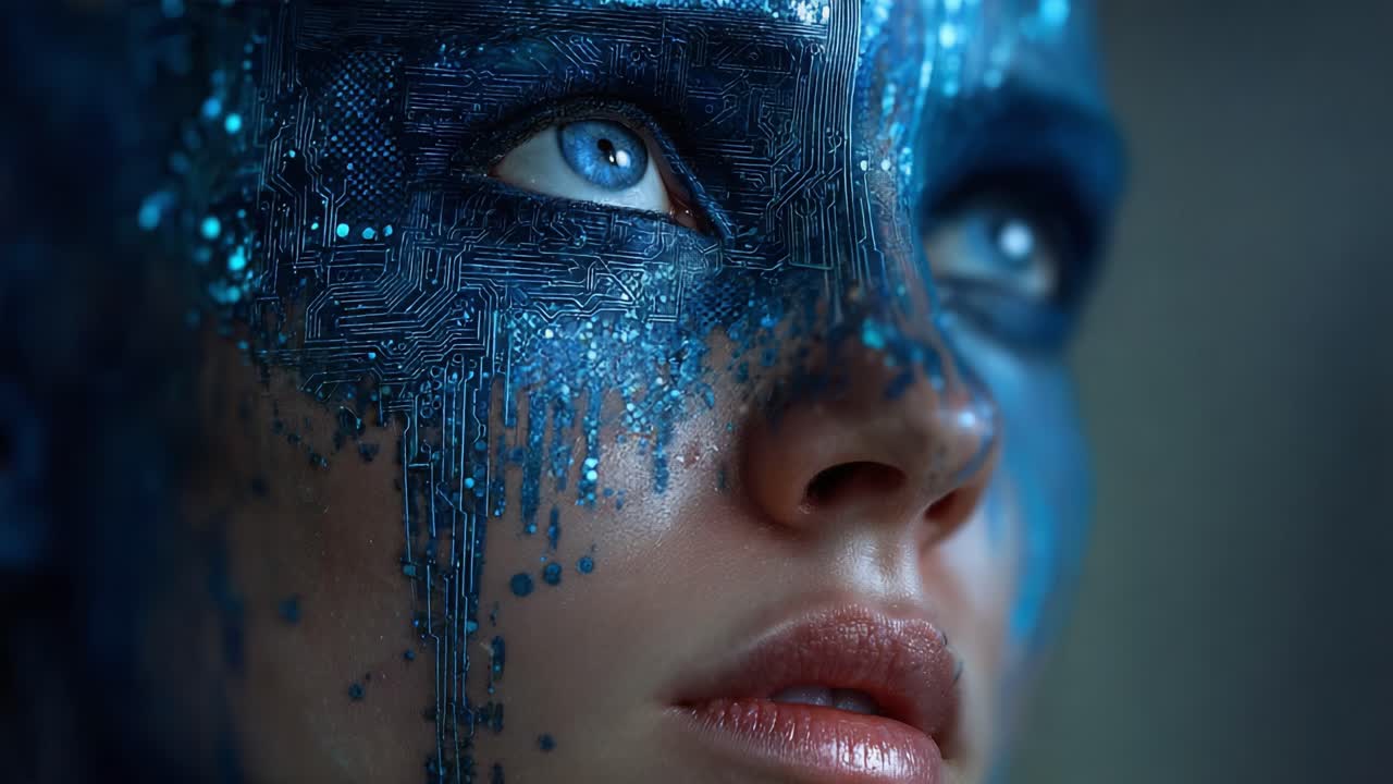 A Captivating Portrait of a Futuristic Woman with Cybernetic Facial Art, Combining Beauty and Technology in a Unique Display of Creativity