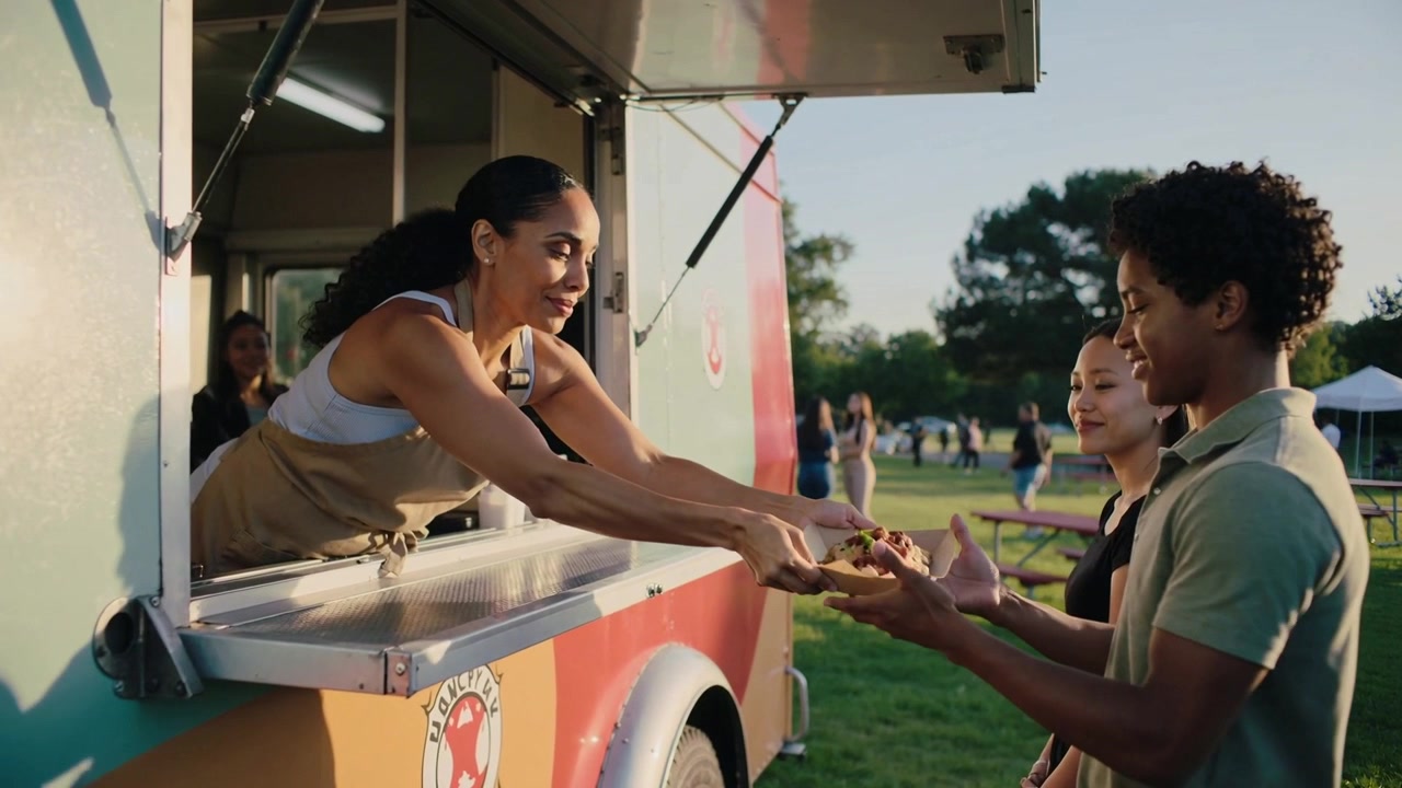 Vendedor de avental em food truck entregando bandeja a casal após pedido no parque, com espaço para texto.