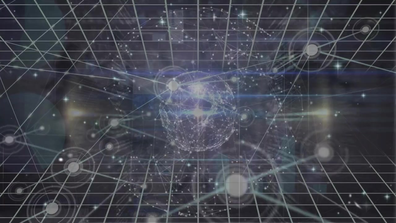 Animation of dots forming globes, dots connected with lines on grid pattern against black background