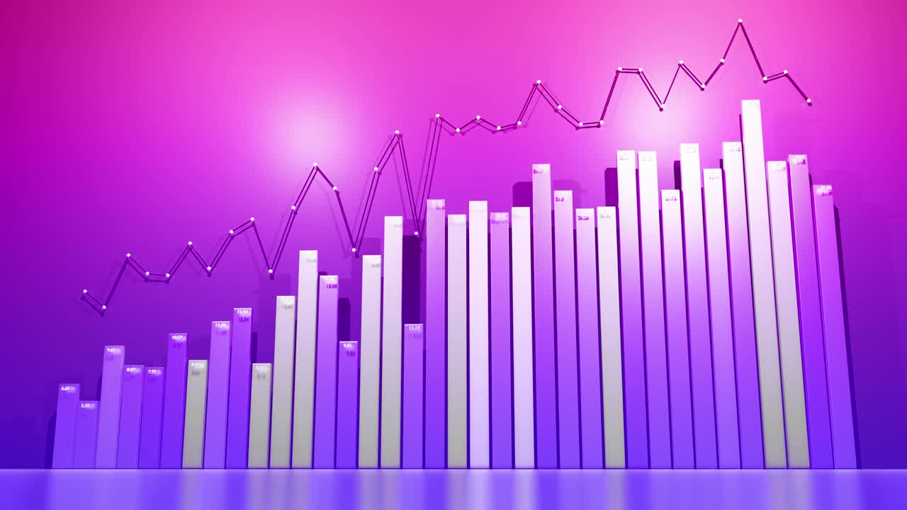hermoso fondo con infografías abstractas en bucle. barras, contadores y gráficos de colores rojos y azules. concepto de crecimiento, progreso avanzando. bg financiero de columnas y gráficos para programas analíticos
