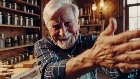 friendly senior woodworker in workshop